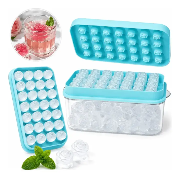 Forma De Gelo Silicone 28 Cubos Em Formato De Rosa Com Reservatório E Tampa Azul