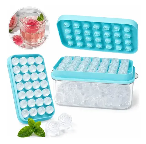 Forma De Gelo Silicone 28 Cubos Em Formato De Rosa Com Reservatório E Tampa Azul