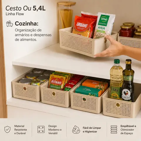 Cesto Organizador Flow 5 Litros Bege OU CFW300BGF - Para Roupas Produtos de Limpeza Alimentos Cozinha Brinquedos Papel Higiênico Armário Prateleira Quarto Closet