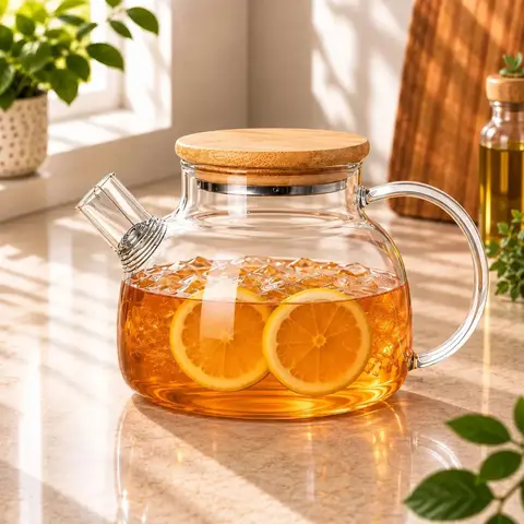 Chaleira De Vidro Tampa De Bambu Transparente com Filtro Infusor Inox para Chá Café Transparente Pacotinho Decor