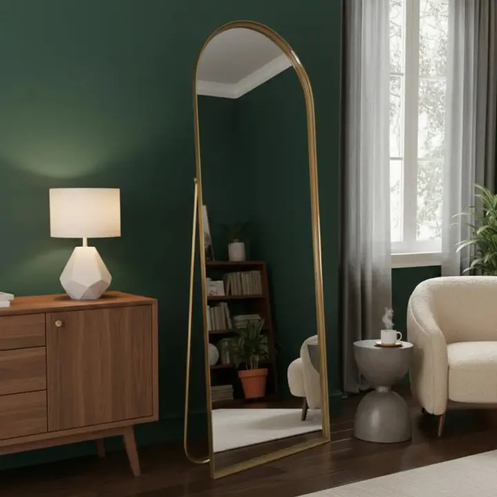 Espelho De Chão Base Reta Corpo Inteiro Com Moldura E Suporte Dourado 146x36cm