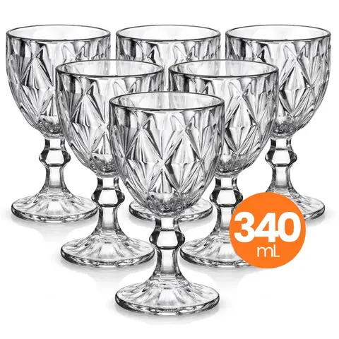 Jogo 6 Taças Vidro Diamond 340ml Conjunto Mesa Posta Água Suco Cozinha Decoração Presente