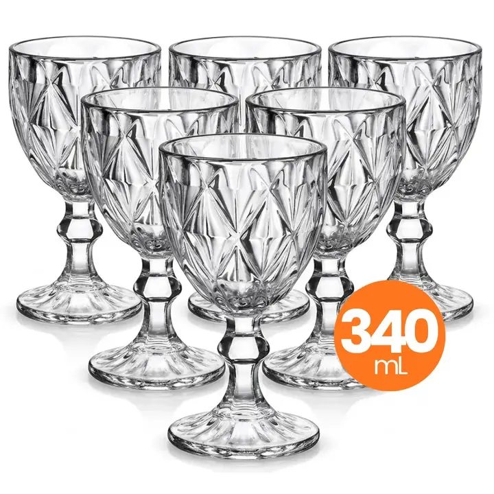 Jogo 6 Taças Vidro Diamond 340ml Conjunto Mesa Posta Água Suco Cozinha Decoração Presente