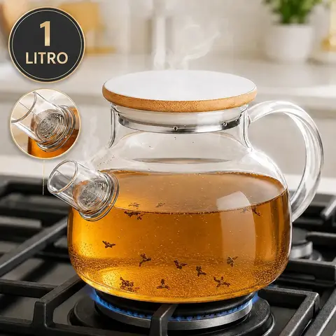 Bule de Vidro Borossilicato 1L 1000ml Chaleira com Tampa de Bambu Filtro Infusor Inox para Chá Café Água Quente Transparente Sólar
