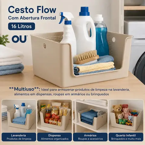 Cesto Organizador Flow Abertura Frontal 16L Bege CFW1000BGF OU - Para Roupas Produtos de Limpeza Alimentos Brinquedos Papel Higiênico Armário Prateleira