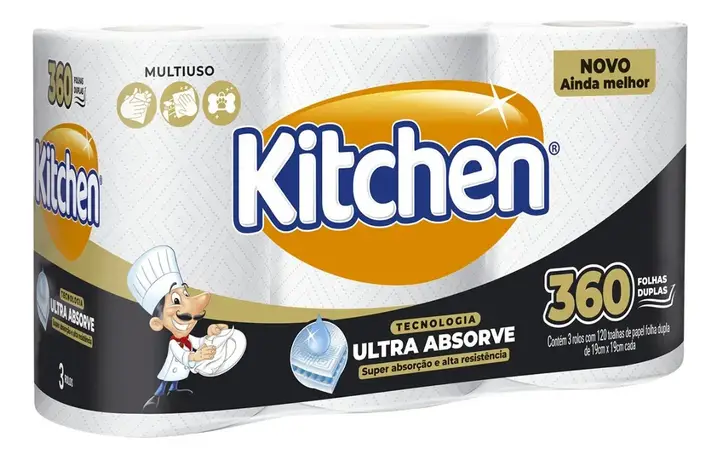 Papel Toalha Kitchen Jumbo Folha Dupla 360 Folhas 3 Rolos