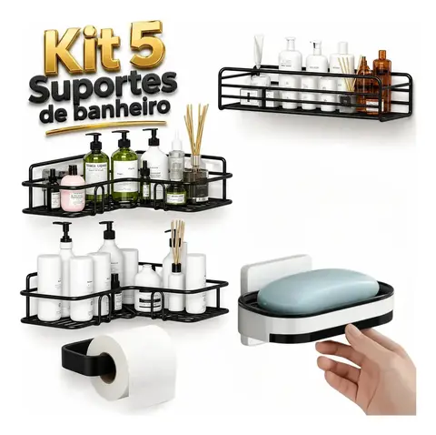 Kit 5 Suporte Porta Shampoo + Saboneteira Prateleira Banheiro Adesivo Parede Sem Furar Box Luxo Cor Preto