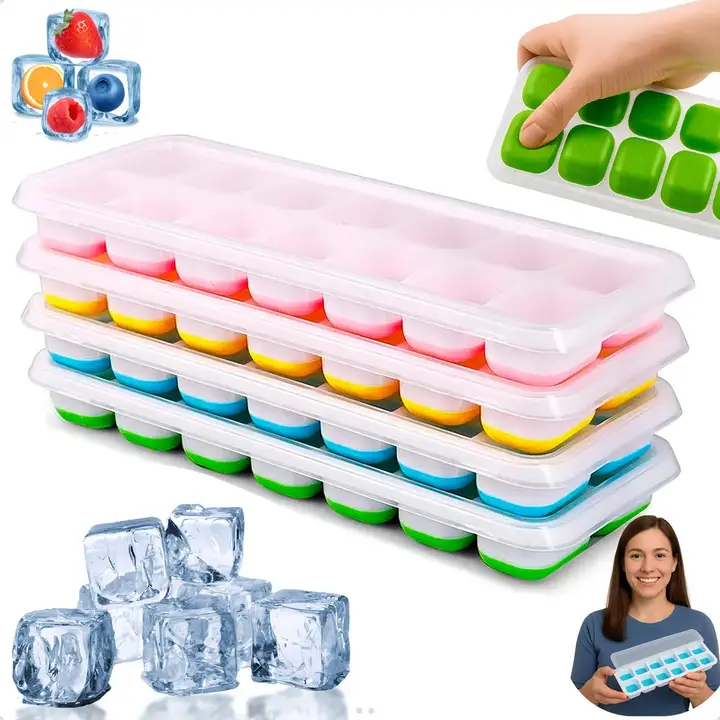 Kit 4 Forma De Gelo Fundo Silicone 14 Cubos Tampa Rígida