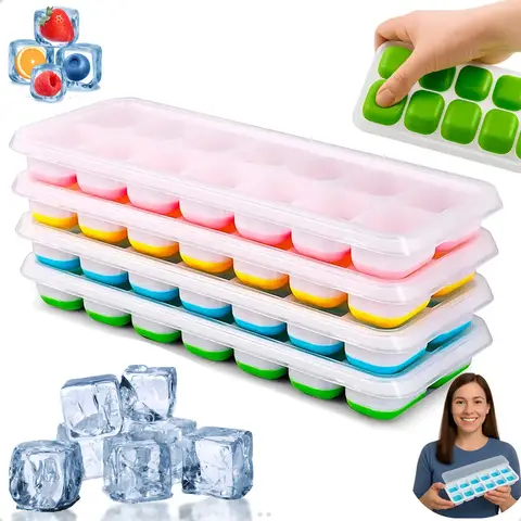 Kit 4 Forma De Gelo Fundo Silicone 14 Cubos Tampa Rígida