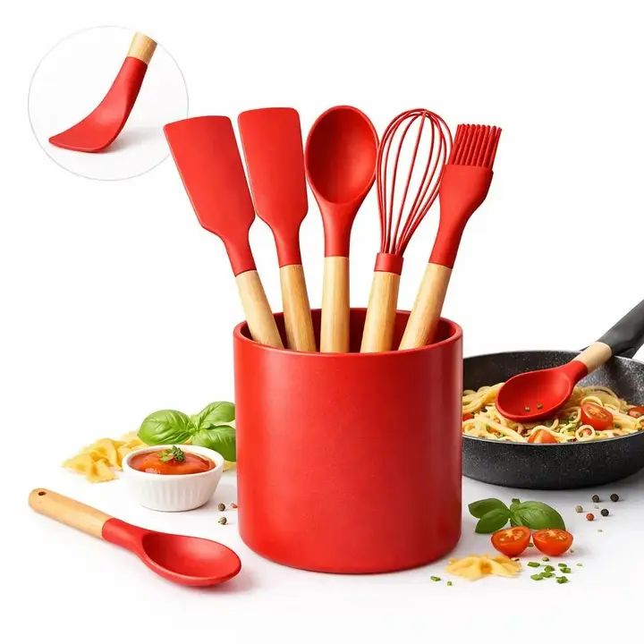 Kit Utensilios Silicone 7 Pecas Cabo Madeira Vermelho