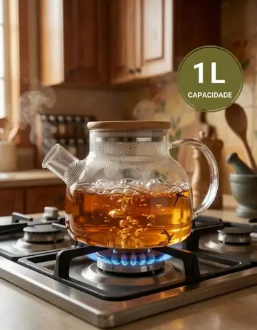 Bule Chaleira 1L Vidro Com Infusor E Tampa Bambu Chá Alça Café PÍTIA