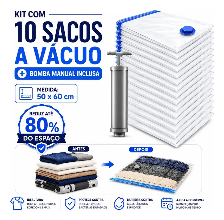 Kit 10 Sacos à Vácuo 50x60cm + Bomba manual Inclusa Organização Roupas Edredons Cobertores Mala Viagem
