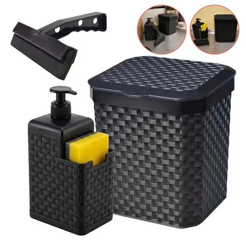 Kit Lixeira 05L E Porta Detergente E Rodinho Pia Preto