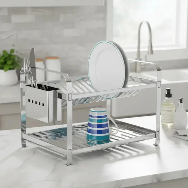 Escorredor Secador De Pratos Aço Inox Mak Inox P/16 Pratos Com Porta Talheres Inox