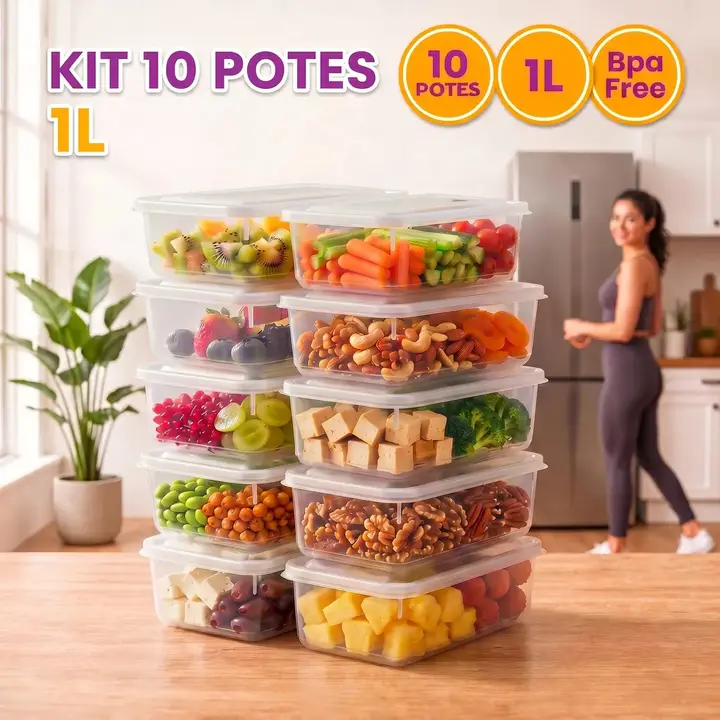 Kit 10 Potes 1 Litro Transparente Marmita Fitness Bpa Free Tampa Hermética Reutilizável Micro E Freezer Mantimentos ponte lar utilidades