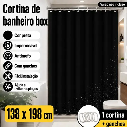 Cortina De Banheiro Box Lisa Impermeável Antimofo Com Ganchos Cor Preto Marianopole