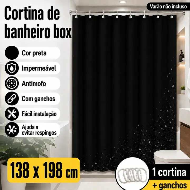 Cortina De Banheiro Box Lisa Impermeável Antimofo Com Ganchos Cor Preto Marianopole