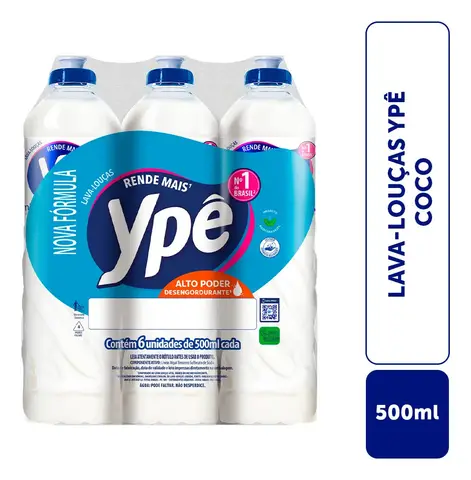 Detergente Lava Louças Ypê Coco 500ml Kit Com 6 Unidades