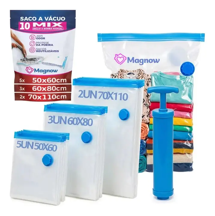 Magnow Pack Kit 10 Sacos a Vácuo com Bomba Manual, Tamanhos 50x60, 60x80 e 70x110, para Viagem, Mala, Guarda-Roupa, Edredom e Casaco