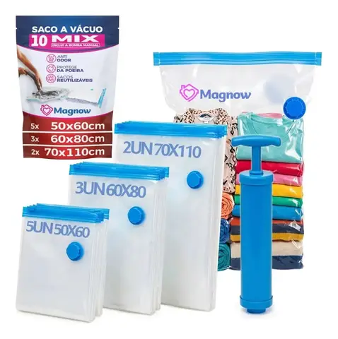 Magnow Pack Kit 10 Sacos a Vácuo com Bomba Manual, Tamanhos 50x60, 60x80 e 70x110, para Viagem, Mala, Guarda-Roupa, Edredom e Casaco