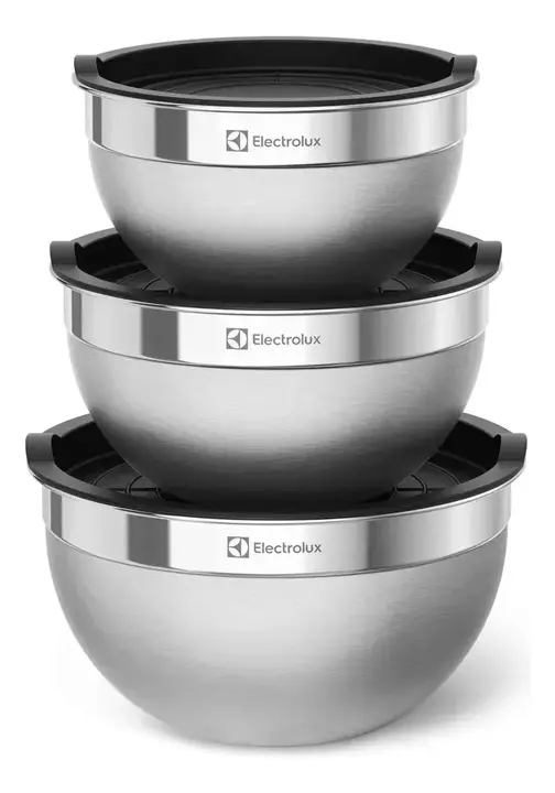 Electrolux Kit 3 Bowls Tigelas de Aço Inox com Tampa Plástica, 1,4L, 2L e 2,6L