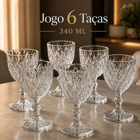 Jogo de 6 Taças Diamond para Água e Vinho 340 mL – Luxena Vidro Transparente