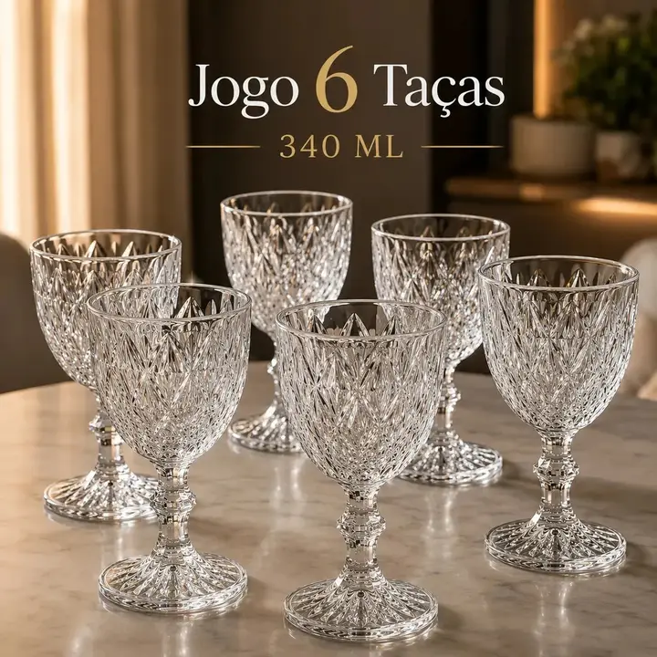 Jogo de 6 Taças Diamond para Água e Vinho 340 mL – Luxena Vidro Transparente