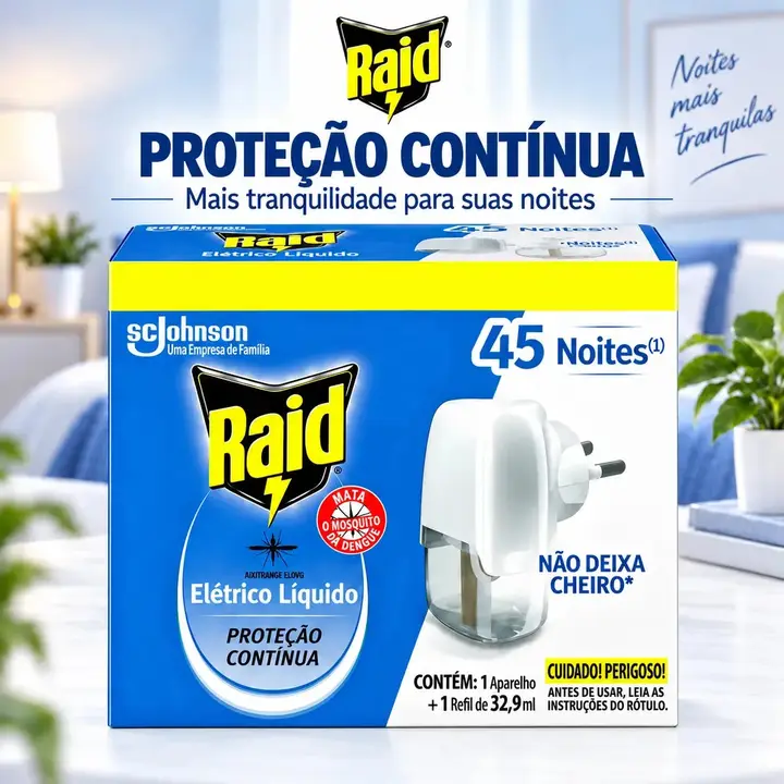 Repelente Eletrico Líquido Raid 45 Noites 1 Aparelho e 1 Refil de 32,9ml