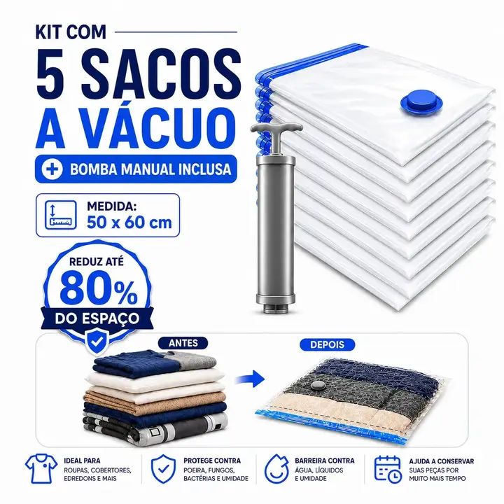 Kit 5 Sacos à Vácuo 50x60cm + Bomba manual Inclusa Organização Roupas Edredons Cobertores Mala Viagem Edredons Saco Organizador