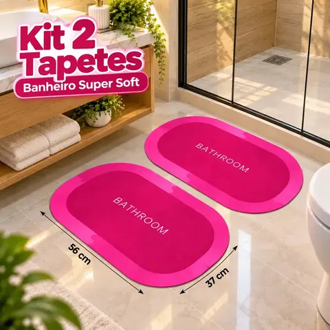 Kit com 2 Tapetes de Banheiro Luxena Super Soft Rosa Antiderrapante e Absorvente
