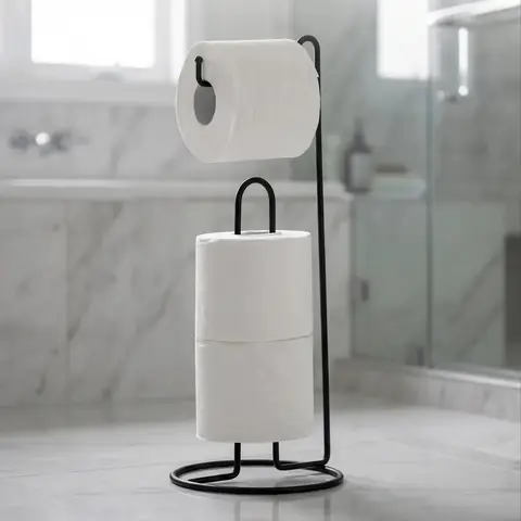 Suporte Chão Porta Papel Higiênico para Banheiro Sem Furo Resistente Preto 3 Rolos Sólar