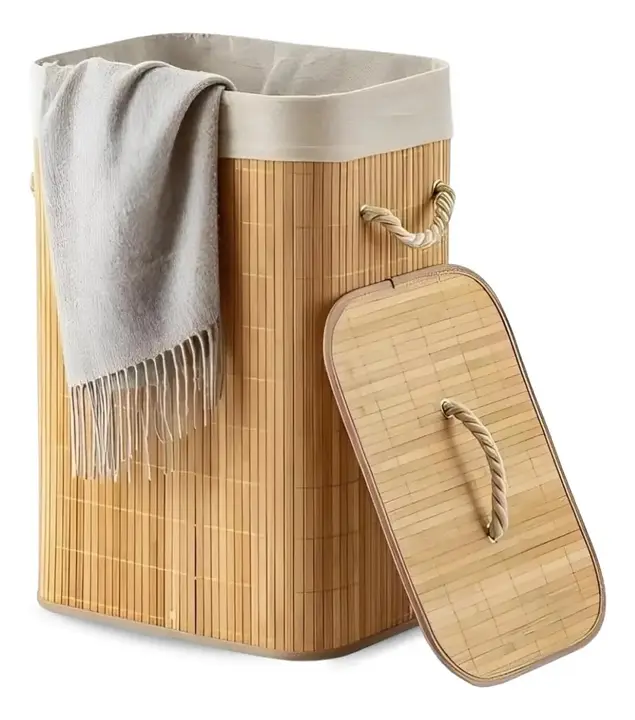 Cesto Roupa Bambu Retangular Dobrável Eps-3903 Com Tampa Alças 60l Bege