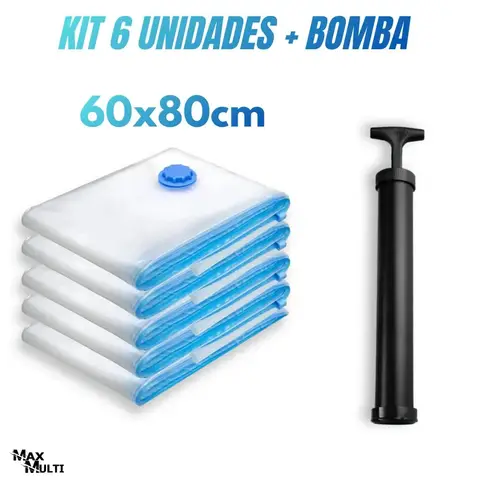 Kit 6 Saco Vácuo 60x80 + Bomba Organização De Roupas Mala Viagem Guarda Roupas Maxmulti