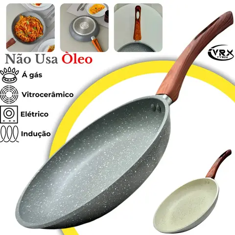 Frigideira Cerâmica 24cm Grande Premium Antiaderente Fogão Cooktop Indução Elétrico Gás Fundo Triplo Frita sem Óleo Cozinha Cabo de Baquelite Soft Touch Antitérmico Profissional VYROX