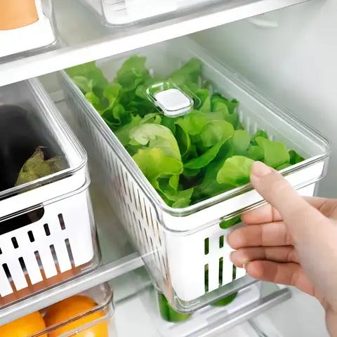 Organizador Geladeira 5l Transparente Com Cesto Ventilação Drenagem Organizador Acrilico Geladeira