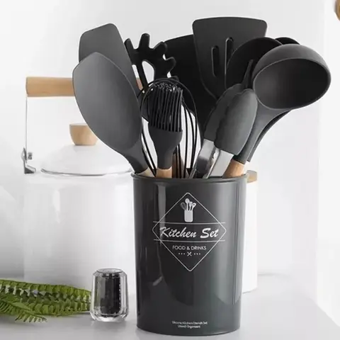 Kit Utensílios Cozinha 12 Peças Silicone Preto Cabo Madeira