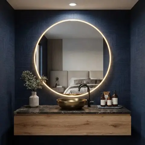 Espelho Redondo 40cm com Iluminação LED Fria para Parede - Ideal para Quarto, Banheiro e Sala, Moldura Lapidada de 40cm, Perfeito para Decoração