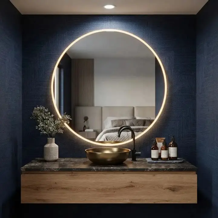 Espelho Redondo 40cm com Iluminação LED Fria para Parede - Ideal para Quarto, Banheiro e Sala, Moldura Lapidada de 40cm, Perfeito para Decoração