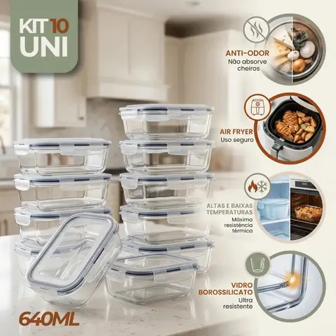 Kit 10 Potes Vidro Hermetico Vai Ao Forno Microondas 640ml Marmita Hermético Freezer Fitness Rishon