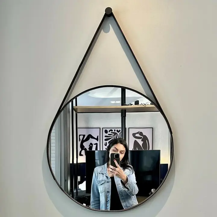 Espelho Adnet 40cm Suporte Couro Sala Quarto Banheiro