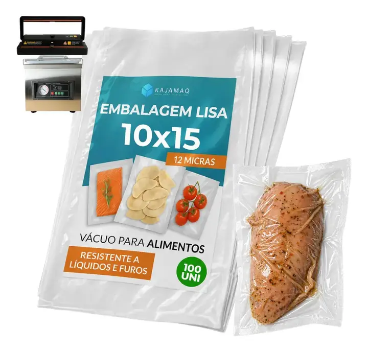 Embalagem A Vacuo Lisa Saquinhos 10x15 Para Seladora Camara Bico Sucçao 100 Unidades Nylon Poli Transparente BPA Free Para Conservaçao Alimentos Freezer Sous Vide Cozinha Profissional Reforçado