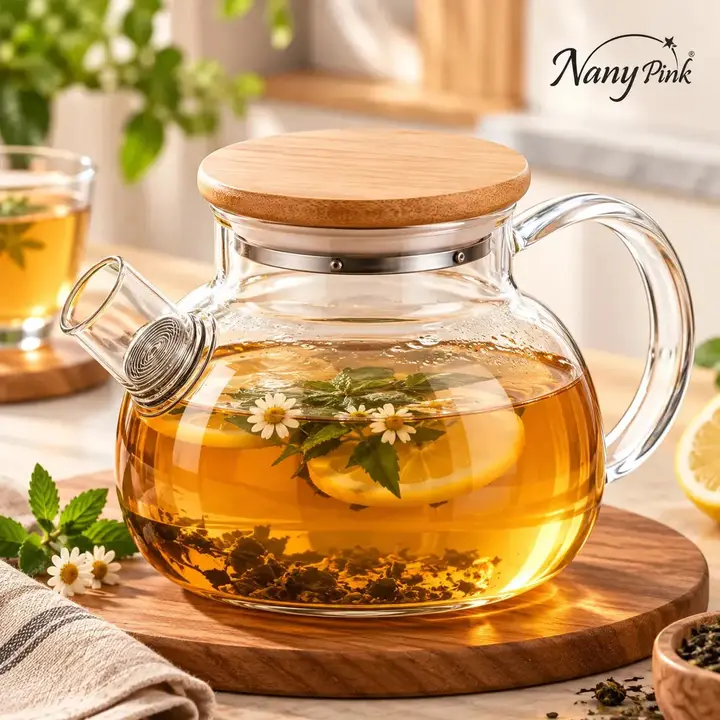 Bule Chaleira de Vidro Borossilicato 800ml com Tampa de Bambu e Filtro Infusor Inox para Chá Café Água Quente - Nany Pink
