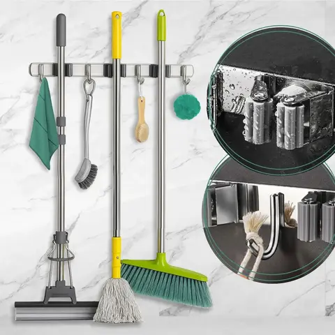 Suporte Inox Pendurar Vassoura Pá Rodo Mop Organizador 7 Acessórios Parede Porta Organização Guardar Área De Serviço Cozinha Garagem Aço Inoxidável Armazenar Interno Externo Hiper Casa Megastore