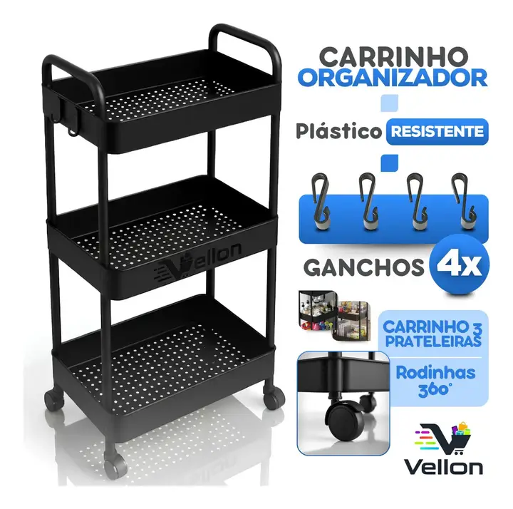 Carrinho Organizador Multiuso 3 Cestos Slim Cozinha Banheiro Cor Preto