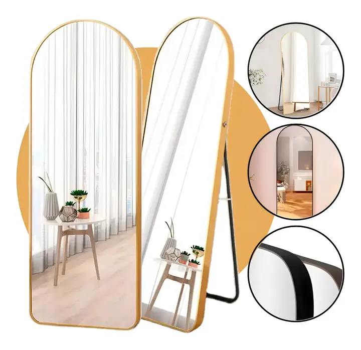 Espelho De Chão Corpo Inteiro Vitral Com Moldura E Suporte Dourado Decoração Estilo Luxo Hxrd