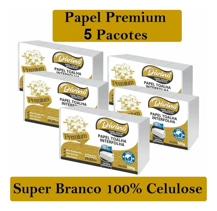 Kit 5 Papel Toalha Interfolha Divino Premium Super Branco 100% Celulose 5 Pacotes Para Secar As Mãos Banheiro Interfolhado