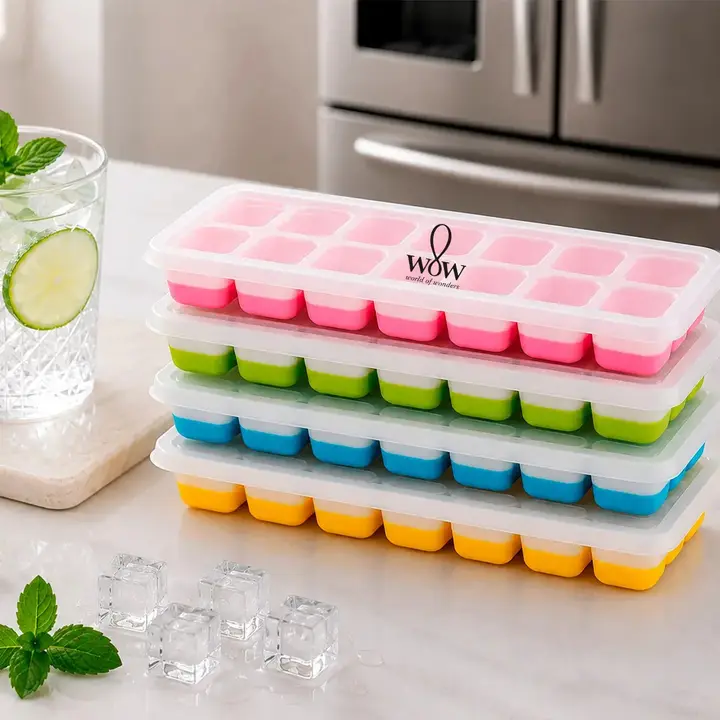Kit 4 Forma De Gelo Fundo Silicone 14 Cubos Tampa Rígida Multicolor Wow World Of Wonders